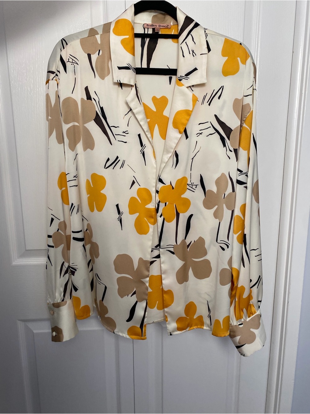 Bailey Rose Cream Button-Down Blouse with Yellow & Taupe Floral Print